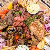 Poikilia Grilled Meat Platter · Mixed Grilled Meats Platter w/ Filet Mignon skewer, Lamb Meat Skewer, Churrasco Skewer, Ribe...
