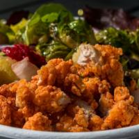 Fried Chicken Salad  · Juicy Chicken  on top of a bed of lettuce, tomatoes, onions, cheese, cucumbers and your choi...