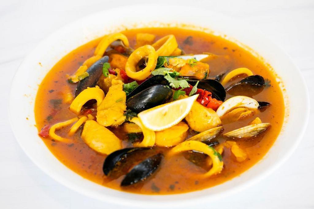 Sopa À Marinheira · Seafood Soup with Shrimp, Clams, Mussels, Squid and Fish