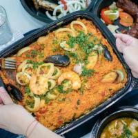 Seafood Rice Combo For 6 · Arroz de Mariscos for parties of 6 including Appetizers and Dessert Codfish Croquettes, Shri...
