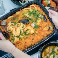 Seafood Rice Combo For 10 · Arroz de Mariscos for parties of 10 including Appetizers and Dessert Codfish Croquettes, Shr...
