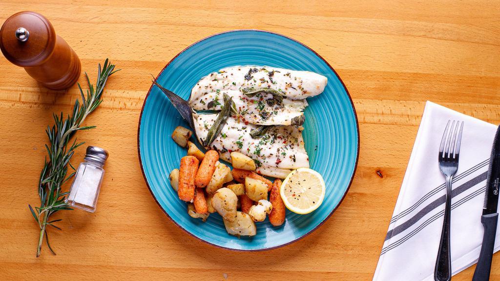Branzino · Grilled branzino, served with roasted potatoes and
carrots.