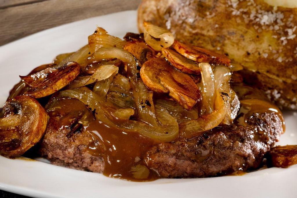 1/2 Lb. Chopped Steak* · Served over mashed potatoes covered with brown gravy, Brewski Onions® and sautéed mushrooms.