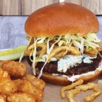 Black & Blue Burger · Blackened Angus beef burger loaded with Danish blue cheese, crispy onions, shredded lettuce ...