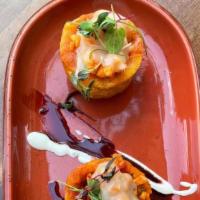 Tostones Rellenos · Three differents Tostones, Green plantain, stuffed with Shrimp, Ropa vieja and Chicken