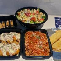 Family Pack #1 · 4 Portions of Chicken Parmesan, Pasta of Choice, Large House Salad, Loaf of Garlic Bread and...