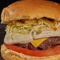 Hamburguesa Con Queso · 7 oz. burger with white cheese, potato chips, cabbage, garlic sauce, ketchup, pink sauce, mu...