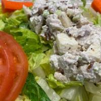 Chicken Salad Plate · Romaine lettuce, chicken salad, tomatoes, & carrot sticks.

Our chicken salad contains chunk...