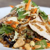 Sesame Chicken Salad · Grilled chicken breast, peanuts, and cashews on top of fresh mixed greens and cabbage. Tosse...