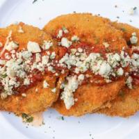 Fried Green Tomatoes · Sliced and dredged in seasoned panko, fried crispy; topped with Bleu cheese crumbles and our...