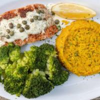 Sail Away Salmon · 8oz North Atlantic Salmon; grilled and topped with a creamy lemon butter capers sauce.
