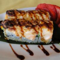 Volcano Roll · California roll topped with salmon baked with Japanese spicy mayo and glazed with house spec...