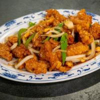 Kung Pao Chicken · Flash-fried chicken with mixed peppers, onions, toasted peanuts and spicy sauce