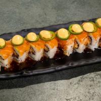 Mooshi Mooshi Roll · Spicy. Tuna and crunchy onion flakes roll, topped with avocado, seared salmon and jalapeño p...