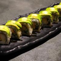 Dragon Roll · Imitation shrimp tempura and cucumber roll, spicy mayo topped with avocado and eel sauce.