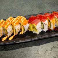 Jj Roll · Imitation shrimp tempura, cucumber and avocado roll. Half roll topped with salmon, drizzled ...