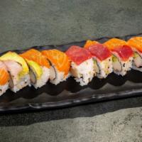 Rainbow Roll · California roll topped with tuna, salmon, hamachi and avocado.