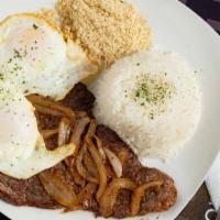 Cavalo / Bife A Cavalo · Thin steak topped with onions and two eggs. Served with rice, beans and salad.

Bife com doi...