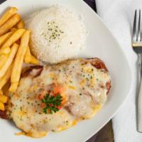 Chicken Parmesan / Frango A Parmegiana · Breaded chicken breast topped with marinara sauce and cheese. Served with rice, beans, salad...
