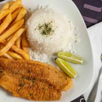 Fried Fish / Peixe Frito Refeicao · Fried swai filet. Served with rice, beans, fries  and salad.

File de peixe frito. Servido c...