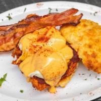 Spicy Fried Chicken Benedict · Spicy. Topped with two poached eggs, bacon, and hollandaise.