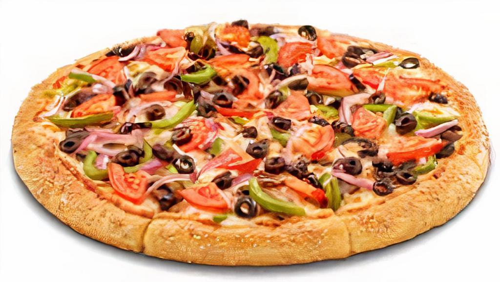 Veggie Pizza · Mushroom, green pepper, onion, black olive, tomato and mozzarella.