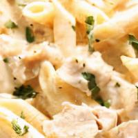 Chicken Alfredo Pasta · Baked Penne Pasta. Alfredo Sauce, Grilled Chicken, and Cheese. Side of Bread.