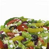 Greek Salad · Feta, cucumber, tomato, onion and black olive over lettuce mix. Dressing on side.