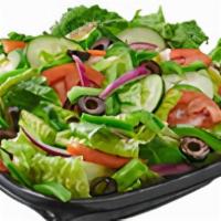 Garden Salad · Tomato, onion, green pepper and black olive over lettuce mix. Dressing on side.