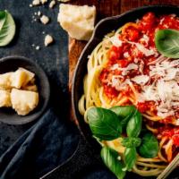 Spaghetti With Marinara Sauce · Chef special marinara sauce mixed with Italian spaghetti. Served with two fresh garlic rolls.