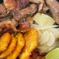  Lechón Asado · Roasted pork  for 4 hours, rice and beans, Choice of plantain or tostones & choice of soda.