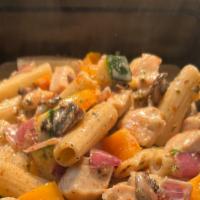 Chicken  Vegetable Pasta · 7 oz of pasta cooked al dente, 6oz of diced chicken, with zucchini, red pepper, garlic fresh...