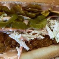 Hot Chicken Hoagie Sandwich  · 🔥6” Hoagie, Hot Fried Chicken tenders , pickles, jalapeños, plantain chips, mayo ketchup se...