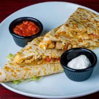 Grilled Chicken Quesadilla · Diced tomatoes, mixed cheese, grilled Diced chicken served with sour cream and salsa on side