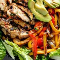 Grilled Chili Lime Chicken Fajita Salad · Marinated chicken, avocado slices, grilled red and green peppers with a homemade chili lime ...