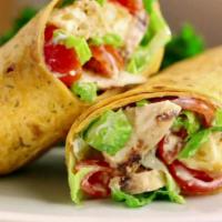 Grilled Chicken Caesar Wrap · Grilled chicken, bacon, lettuce, tomatoes, parmesan cheese, croutons and caesar dressing.