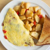 Egg Shack Omelette · Grilled onion, roasted pepper, sauteed mushroom, bacon, and Cheddar cheese all folded into a...