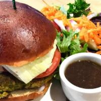 Garden Burger · Vegan veggie patty, avocado, lettuce, onion and tomato on our vegan pretzel bun with balsami...