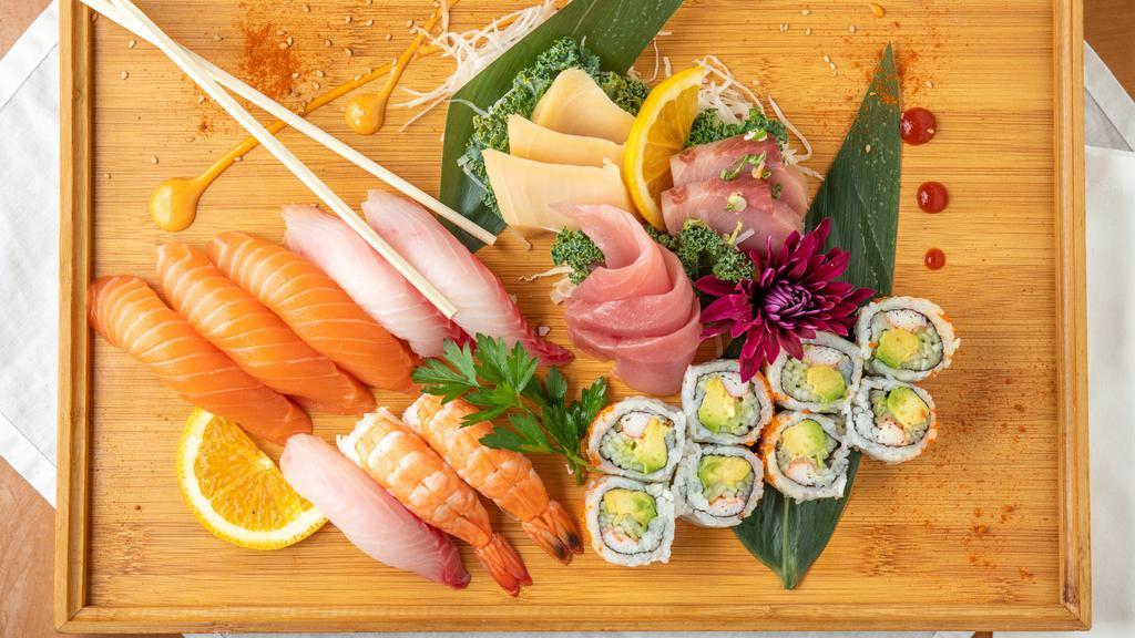 Sushi & Sashimi Combination · Eight pieces of sushi & Eight pieces of sashimi and one California roll.