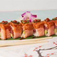 Fire Tuna · Tuna, avocado, Japanese spicy powder. Wrapped soy bean paper top with spicy tuna and jalapeñ...