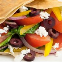 Mediterranean Crepe · Tomatoes, lettuce, green peppers, red onions, black olives, feta, mozzarella cheese, and lem...