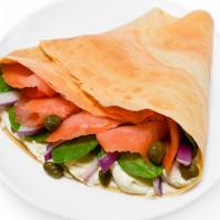 Salmon Deluxe Crepe · Smoked salmon, cream cheese, capers, spinach, red onions, Tomatoes and Mushrooms
