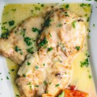 Chicken Francese · Organic Chicken dipped in egg wash, sauteed with lemon, butter and wine