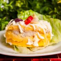 Causa De Pollo/Tuna (Mashed Potatoes  With Chicken Or Tuna) · CHICKEN-FILLED LAYERED POTATO DISH