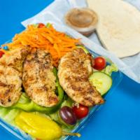 Grilled Chicken Salad · Served with pita and dressing. Choose from: Greek, Caesar, French, ranch, Italian, lite Ital...