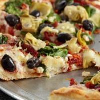 Santorini Special Pizza · Feta cheese, sundried tomatoes, spinach, fresh garlic, artichoke hearts and kalamata black o...