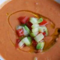 Gazpacho Soup 12Oz · Tomatoes, red bell pepper, onion, cucumber, sunflower oil, red wine vinegar, Himalayan salt