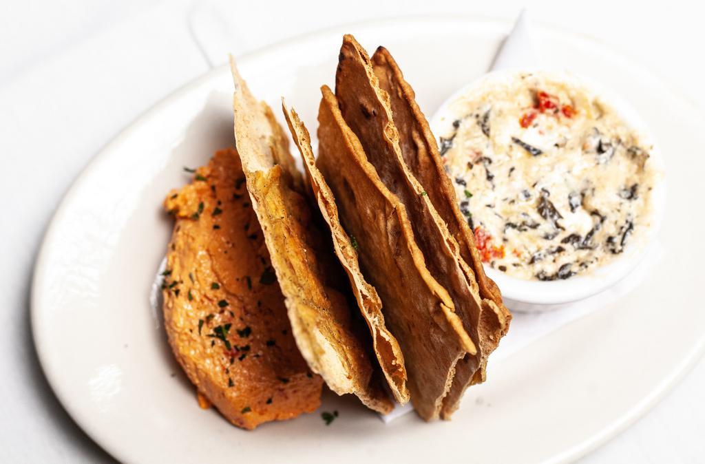 Dip Duo · pimiento cheese, spinach & artichoke dip with sundried tomatoes, herbed EVOO flatbreads
