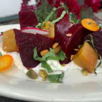 Roasted Beets · red & gold, basil whipped goat cheese, orange, pistachio, smoked balsamic, basil