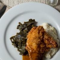 Coleman All Natural Buttermilk Fried Chicken Breast · White cheddar grits, pot likker collards, thyme gravy.